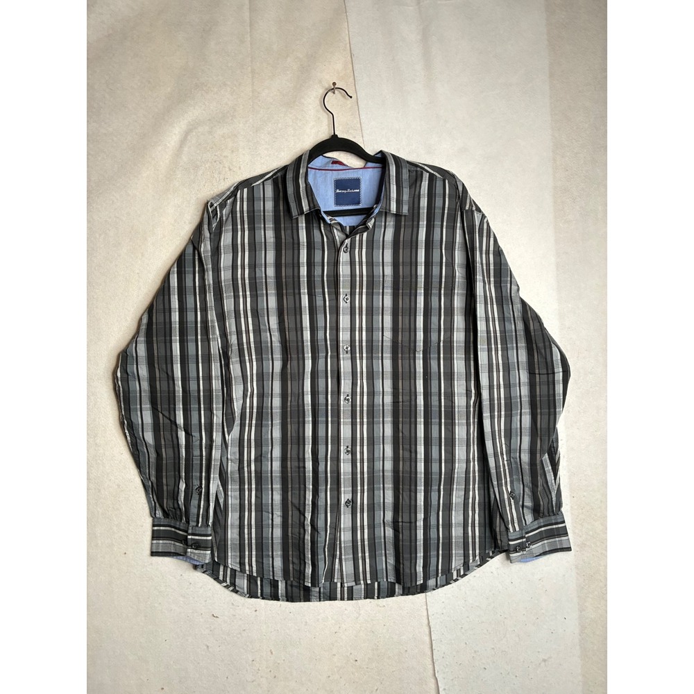Tommy Bahama Mens XL Cotton Silk textured Plaid LS Button Down Shirt Grey Black